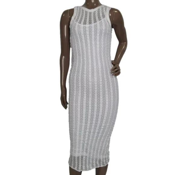 NEW PINKO Womens Midi Dress White Alemonia Abito Embroidered Knit Sheer Size XS