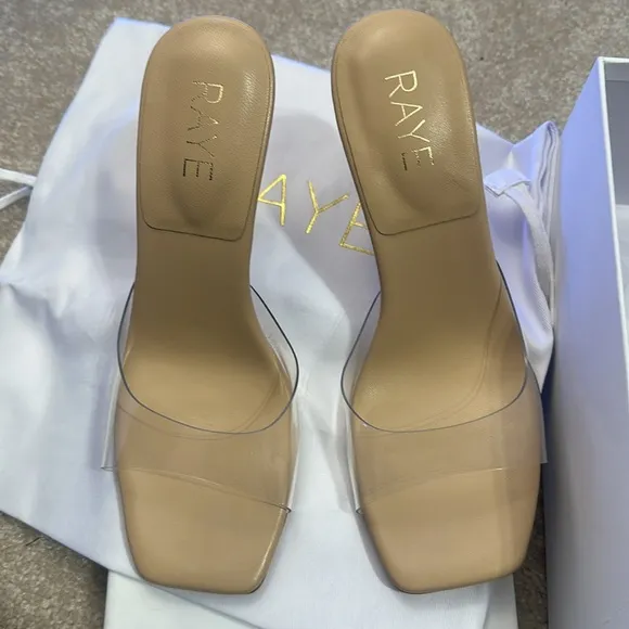 NEW RAYE Julietta Mule in Natural heels slip on clear open toe kitten