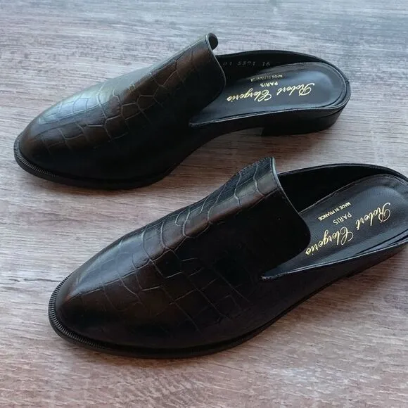 New Robert Clergerie Paris Alice open heel flat Mules loafers black croc…