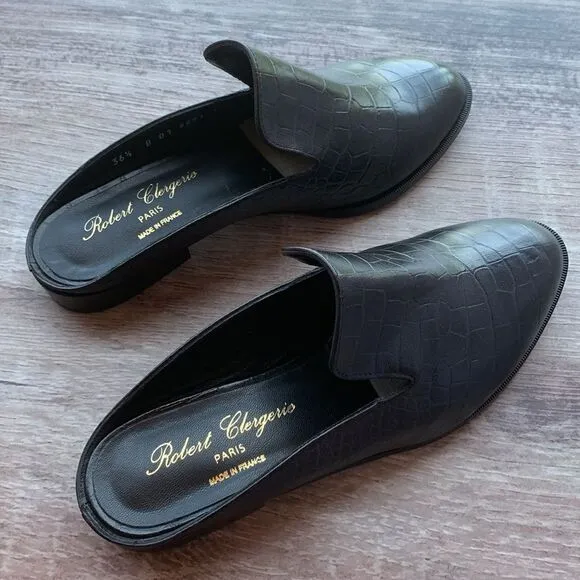 New Robert Clergerie Paris Alice open heel flat Mules loafers black croc…