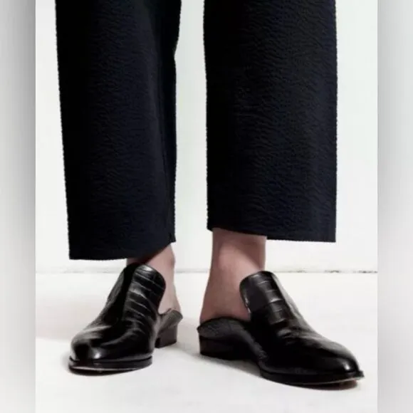 New Robert Clergerie Paris Alice open heel flat Mules loafers black croc…