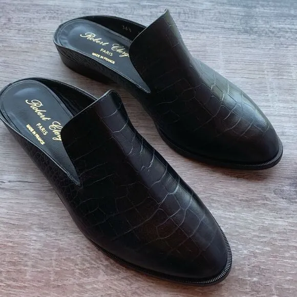 New Robert Clergerie Paris Alice open heel flat Mules loafers black croc…