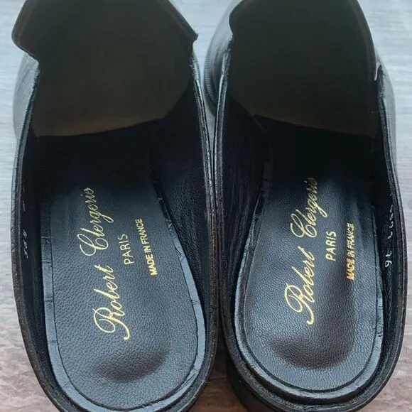 New Robert Clergerie Paris Alice open heel flat Mules loafers black croc…