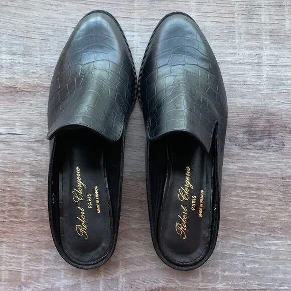 New Robert Clergerie Paris Alice open heel flat Mules loafers black croc…