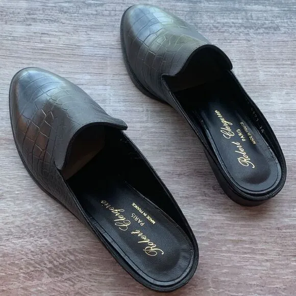 New Robert Clergerie Paris Alice open heel flat Mules loafers black croc…