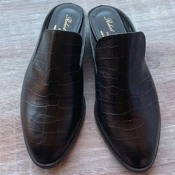 New Robert Clergerie Paris Alice open heel flat Mules loafers black croc…