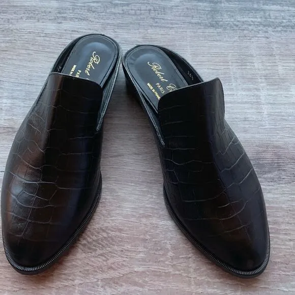 New Robert Clergerie Paris Alice open heel flat Mules loafers black croc…