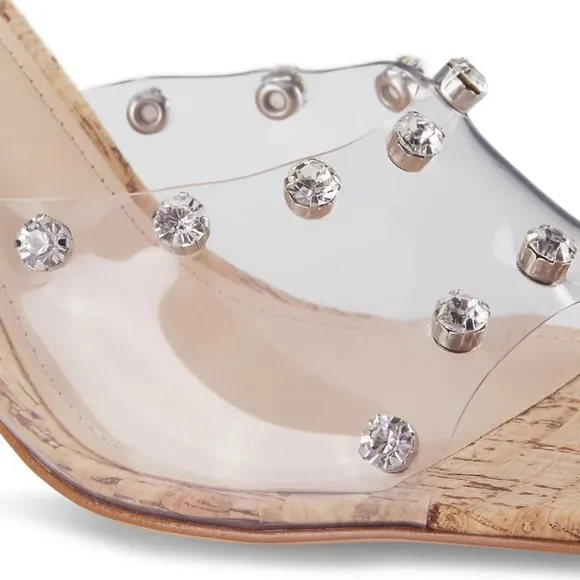 NEW Schutz Size 8.5 Women's Lizah Vinyl Mules Cork Block Heel - Transparent