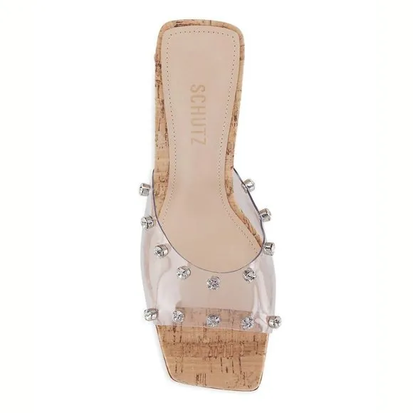 NEW Schutz Size 8.5 Women's Lizah Vinyl Mules Cork Block Heel - Transparent