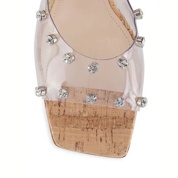 NEW Schutz Size 8.5 Women's Lizah Vinyl Mules Cork Block Heel - Transparent
