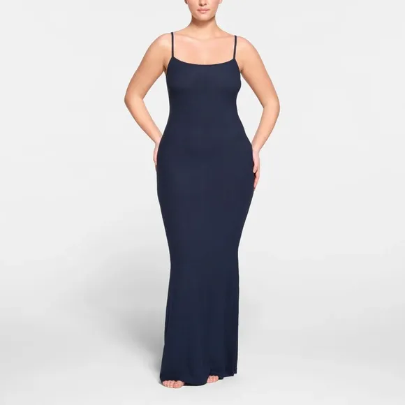 NEW! Skims Soft Ribbed Lounge Long Slip Dress Maxi Navy Blue Size Large
