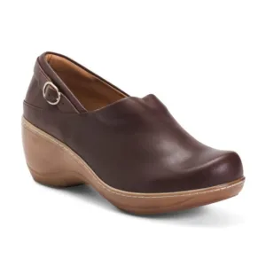 NEW SOFTWALK Leather Minna Wedge Heel Clogs Dark Brown for women 462mn