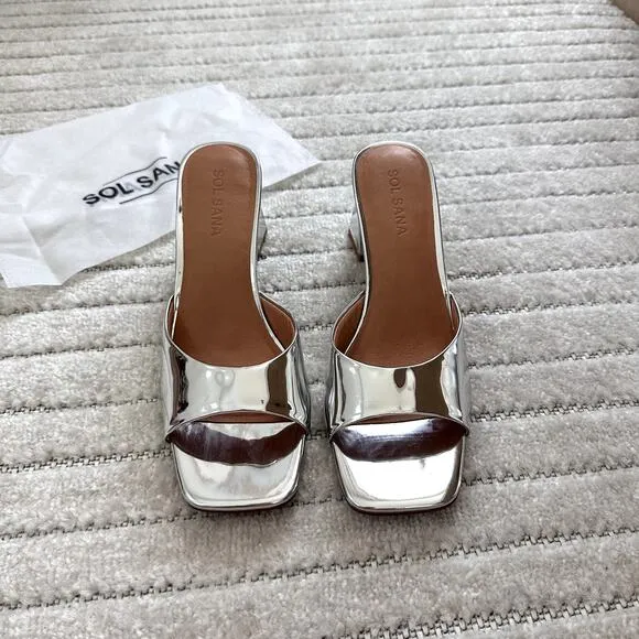 NEW Sol Sana Lenny Leather Mules in Silver Metallic Size 8