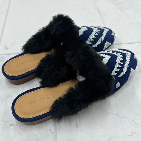 NEW! SOLUDOS Sedona Beaded Leather Faux Fur Mules Size 6.5M Navy White Black