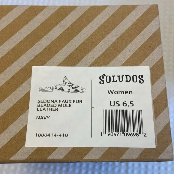NEW! SOLUDOS Sedona Beaded Leather Faux Fur Mules Size 6.5M Navy White Black