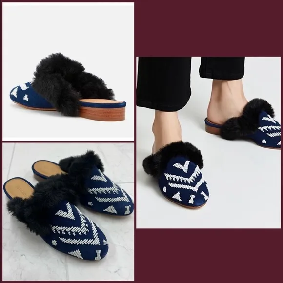 NEW! SOLUDOS Sedona Beaded Leather Faux Fur Mules Size 6.5M Navy White Black