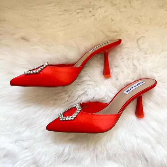New! STEVE MADDEN Luxe City Embellished Satin Heeled Mules