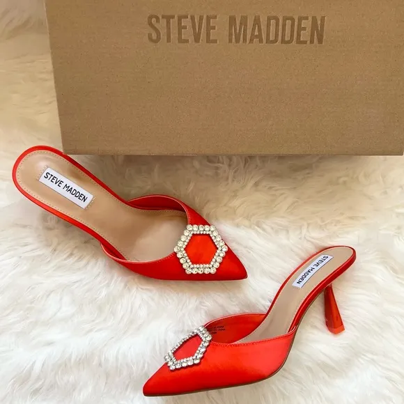 New! STEVE MADDEN Luxe City Embellished Satin Heeled Mules