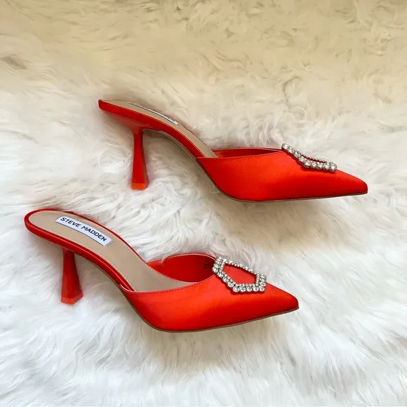 New! STEVE MADDEN Luxe City Embellished Satin Heeled Mules