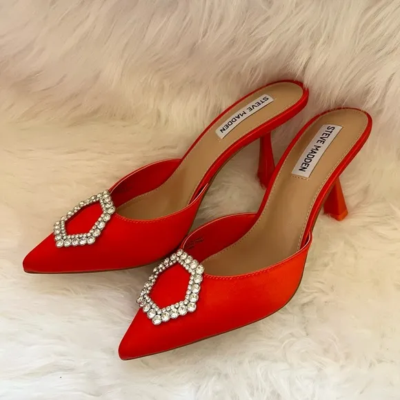 New! STEVE MADDEN Luxe City Embellished Satin Heeled Mules