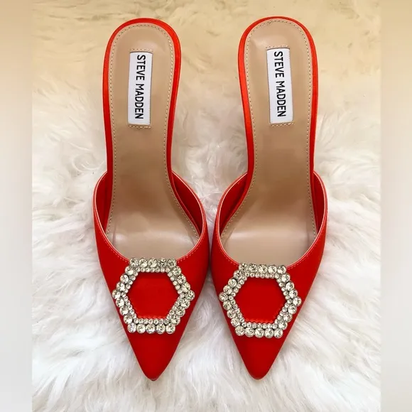 New! STEVE MADDEN Luxe City Embellished Satin Heeled Mules