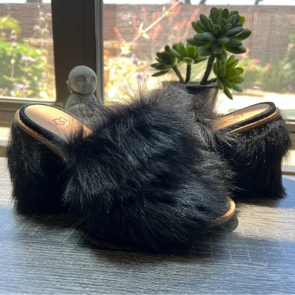 NEW! UGG Rosa Fluff Heel Women's Size US6 EU37 Black Fur Mules
