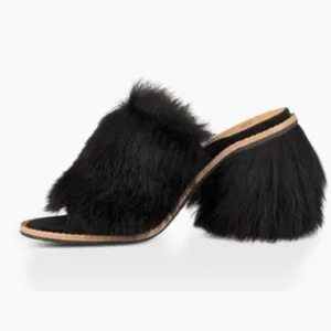 NEW! UGG Rosa Fluff Heel Women's Size US6 EU37 Black Fur Mules
