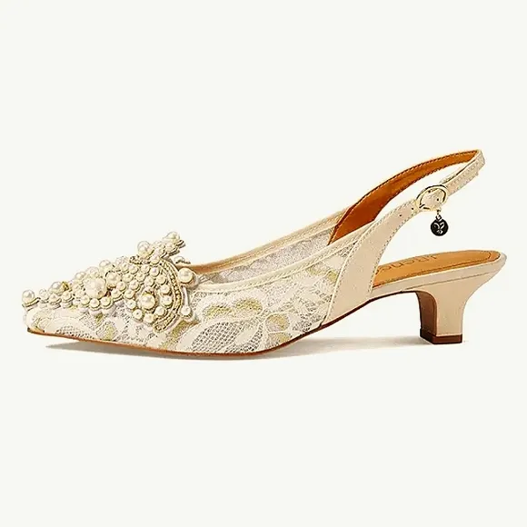 New w/Box J. Renee Strovanni Lace &amp; Beaded Faux Pearl Kitten Heel Slingback Pump