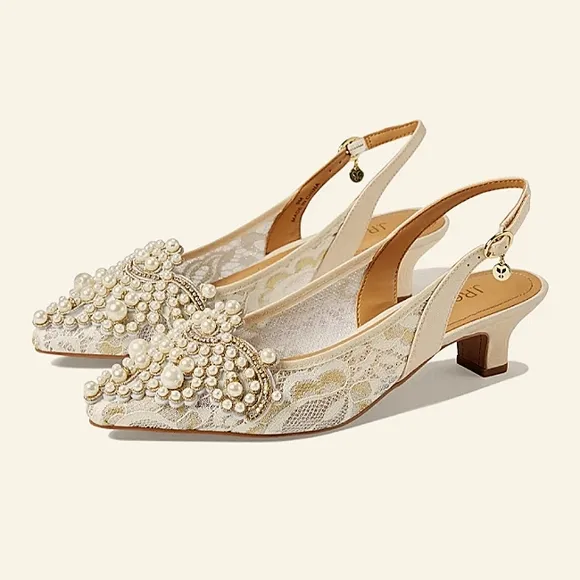 New w/Box J. Renee Strovanni Lace &amp; Beaded Faux Pearl Kitten Heel Slingback Pump