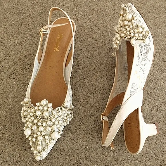 New w/Box J. Renee Strovanni Lace &amp; Beaded Faux Pearl Kitten Heel Slingback Pump
