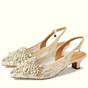 New w/Box J. Renee Strovanni Lace &amp; Beaded Faux Pearl Kitten Heel Slingback Pump