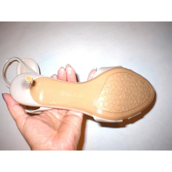 New Womens Calvin Klein Slingbacks Beige Heels Open Toe 9.5 Patent Taupe Nude