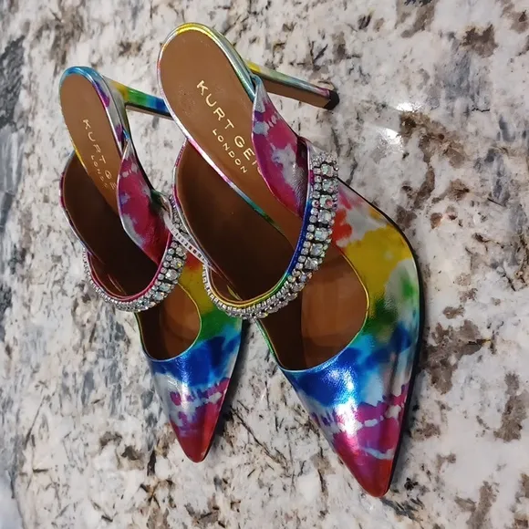 NEW Women's Duke Embellished Tie Dye Rainbow High Heel Rhinestone Mules EU 36