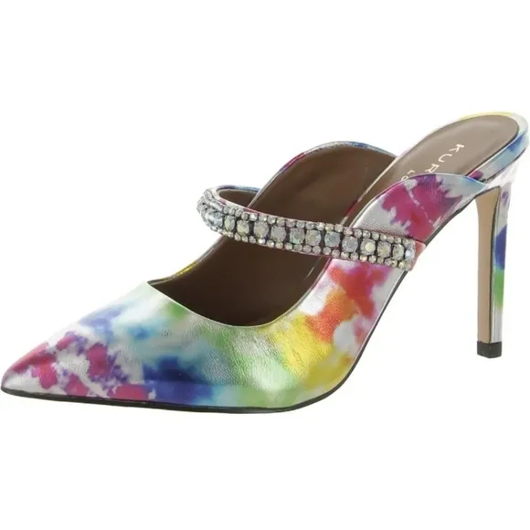 NEW Women's Duke Embellished Tie Dye Rainbow High Heel Rhinestone Mules EU 36