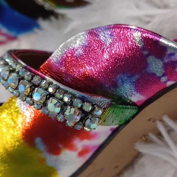 NEW Women's Duke Embellished Tie Dye Rainbow High Heel Rhinestone Mules EU 36