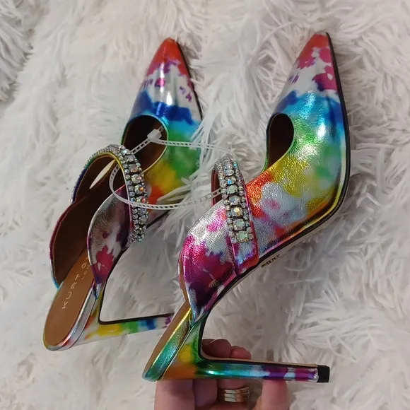 NEW Women's Duke Embellished Tie Dye Rainbow High Heel Rhinestone Mules EU 36