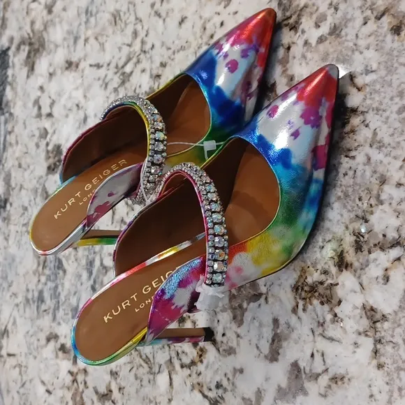 NEW Women's Duke Embellished Tie Dye Rainbow High Heel Rhinestone Mules EU 36