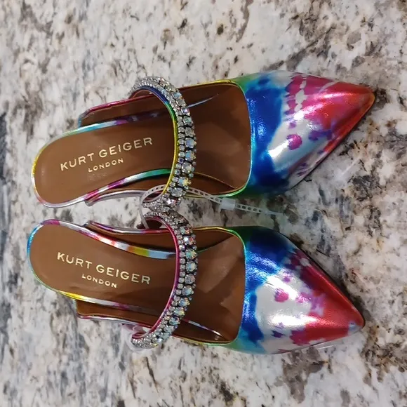 NEW Women's Duke Embellished Tie Dye Rainbow High Heel Rhinestone Mules EU 36