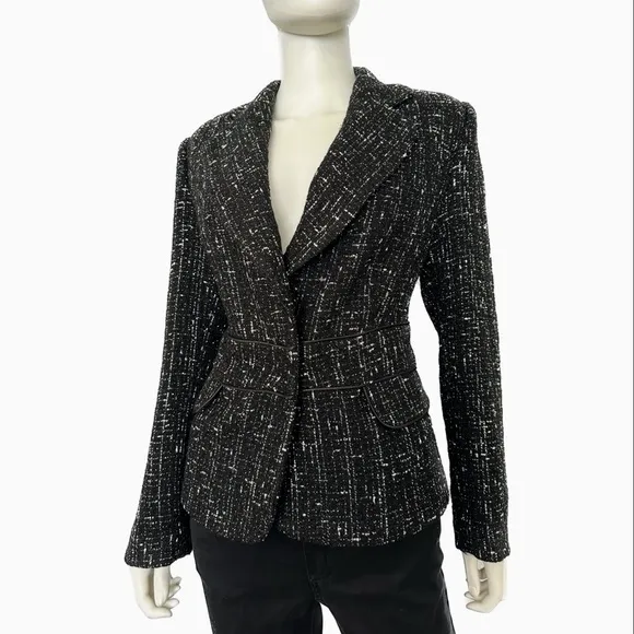 NEW WOMEN'S TWEED BLAZER LINED‎ BOUCLE JACKET IN BLACK