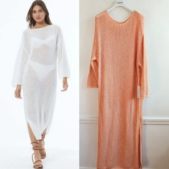 New Young Fabulous &amp; Broke Santorini Crochet Slip Maxi Dress/Swim Cover-Up NWT