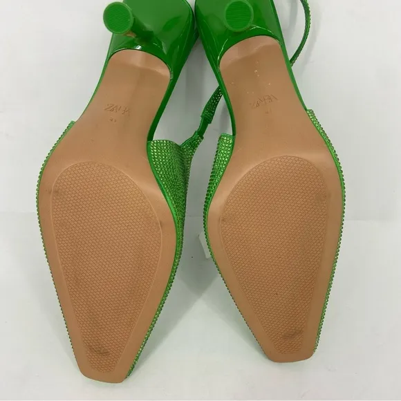 New Zara Kelly Green All Over Crystal Rhinestones Slingback Heels Size 41