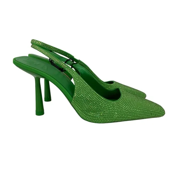 New Zara Kelly Green All Over Crystal Rhinestones Slingback Heels Size 41
