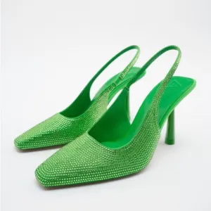 New Zara Kelly Green All Over Crystal Rhinestones Slingback Heels Size 41