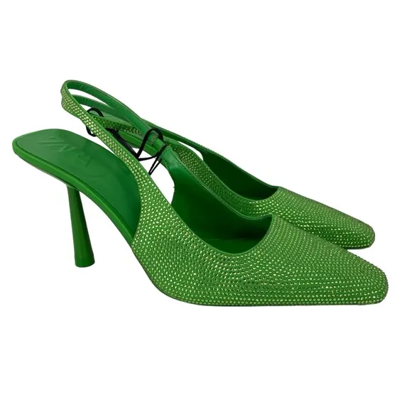 New Zara Kelly Green All Over Crystal Rhinestones Slingback Heels Size 41