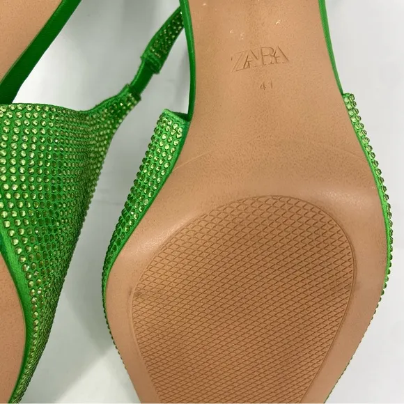 New Zara Kelly Green All Over Crystal Rhinestones Slingback Heels Size 41