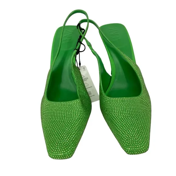 New Zara Kelly Green All Over Crystal Rhinestones Slingback Heels Size 41