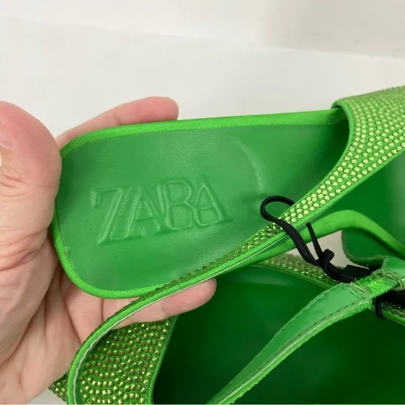 New Zara Kelly Green All Over Crystal Rhinestones Slingback Heels Size 41