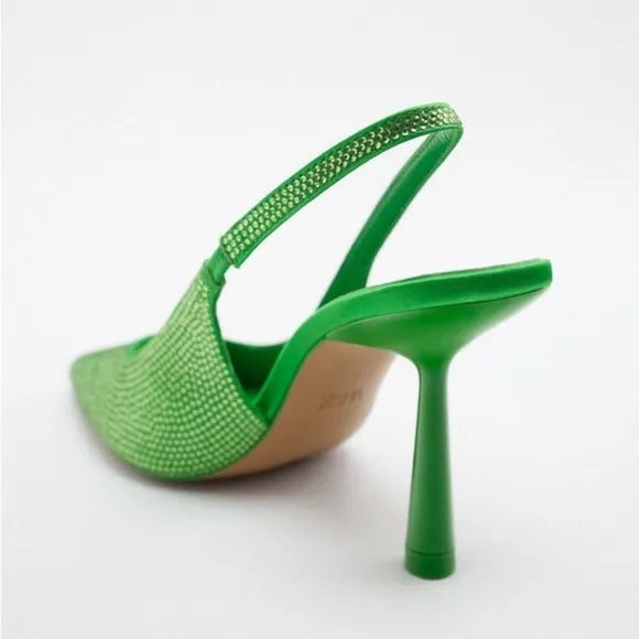 New Zara Kelly Green All Over Crystal Rhinestones Slingback Heels Size 41