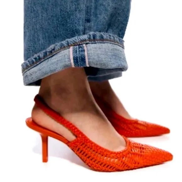 New ZARA Orange Woven Slingback Heels Sz 40 US 9.5 Chic Romantic Feminine