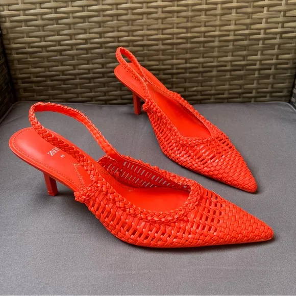 New ZARA Orange Woven Slingback Heels Sz 40 US 9.5 Chic Romantic Feminine